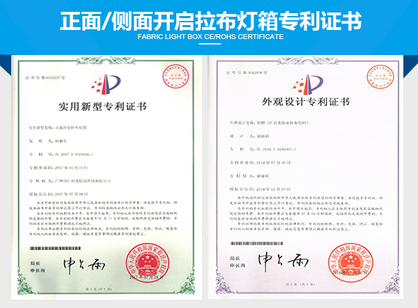 正面開(kāi)啟/側(cè)面開(kāi)啟拉布燈箱專利證書